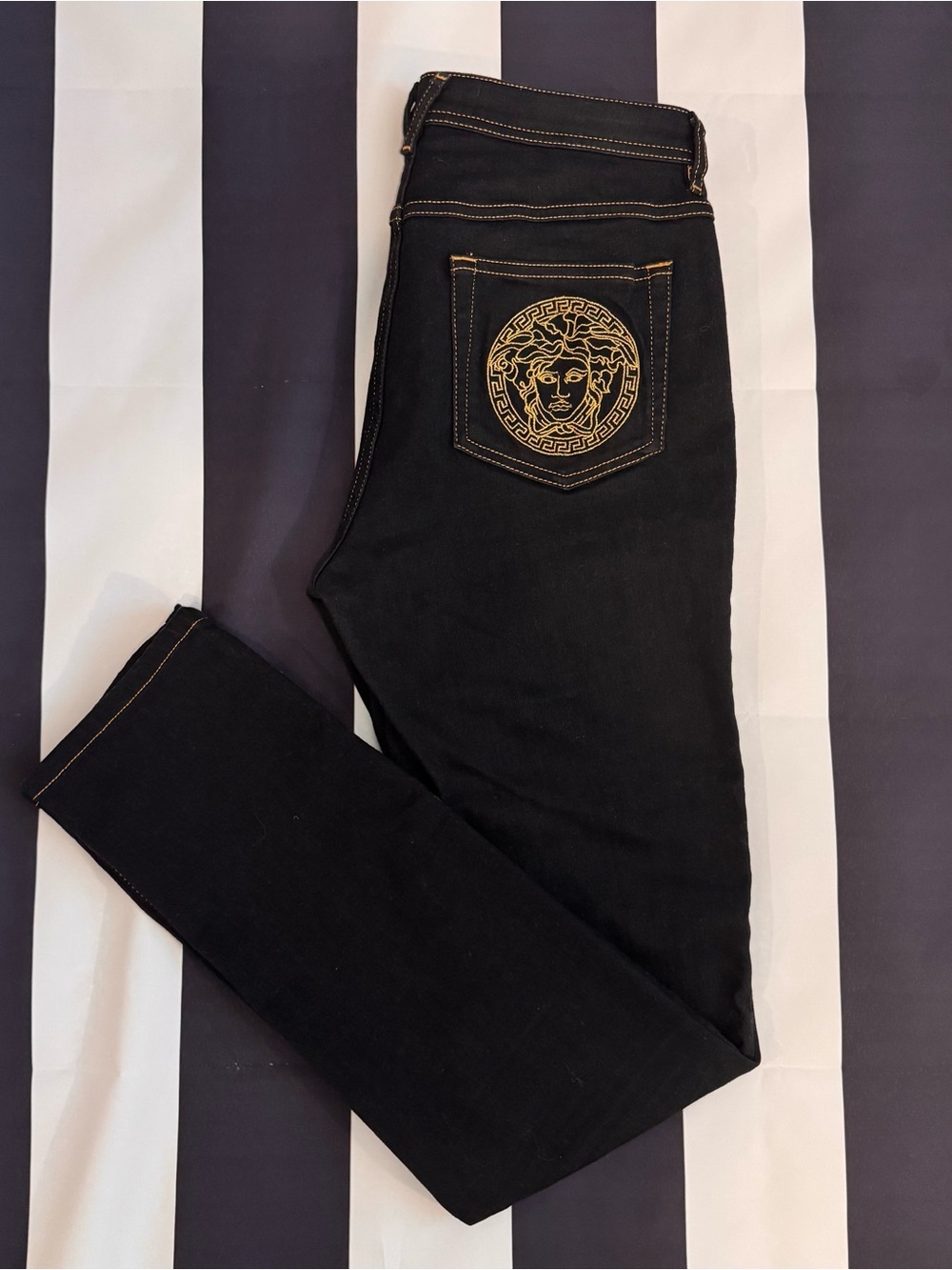 Versace Black Jeans with Gold Stitching and Medusa Button